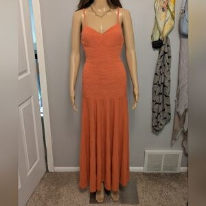 Express Orange Knit Pleated Strappy Back Maxi Sweater Dress